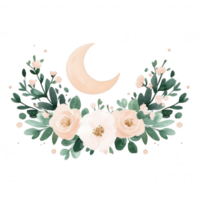 A beautiful floral composition featuring soft pink roses and leafy greenery, complemented by a crescent moon. Ideal for elegant designs on a white isolate background. png