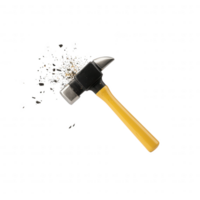 A black hammer with a yellow handle is surrounded by flying metal shavings against a white background, symbolizing construction and craftsmanship. png