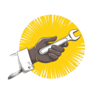A bold illustration of a hand holding a wrench against a vibrant yellow burst, symbolizing strength and capability in mechanical work. png