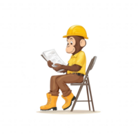 A cartoon monkey wearing a hard hat and work boots sits on a chair reading a paper, showcasing a playful and humorous take on construction work. png