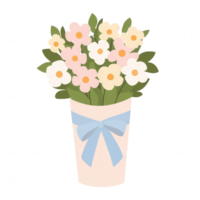A charming bouquet featuring delicate pink and white flowers in a pale pink pot, adorned with a subtle blue ribbon. Ideal for decoration or gifting. png