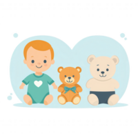 A cheerful baby with light hair sitting next to two teddy bears, one brown and one white, on a soft blue background, creating a warm and playful atmosphere. png