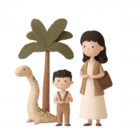 A charming scene featuring a mother and son beside a friendly dinosaur and a palm tree, exuding a sense of playfulness and adventure. png