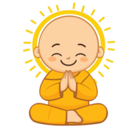 A cheerful cartoon monk with a radiant sun halo, seated in a meditative pose, hands together in prayer. Vibrant colors and a friendly expression, symbolizing peace and tranquility. png
