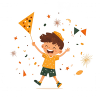 A cheerful child enjoying a festive moment with a colorful flag surrounded by playful confetti. Perfect representation of joy and celebration in a vibrant illustration. png