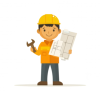 A cheerful construction worker holding a wrench and blueprint, ready for the project. Vibrant illustration with a clear focus on tools and planning. png