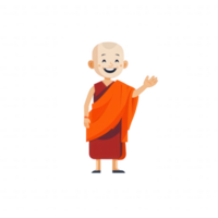 A cheerful monk character, smiling and waving, dressed in traditional orange and red robes. The image features a simplistic and colorful design, perfect for cultural themes. png