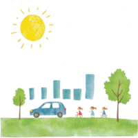 A cheerful illustration of a sunny day with a car, trees, and pedestrians walking on a grassy path, showcasing a vibrant urban environment. png