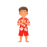 A cheerful young boy wearing a colorful Hawaiian shirt, standing with his hands together in a gesture of greeting, showcasing a friendly and welcoming demeanor. png