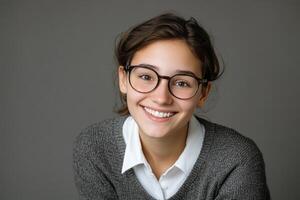 Portrait of a beautiful young woman wearing glasses and smiling photo