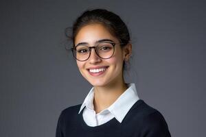 Smiling woman, glasses, studio portrait, grey background, professional headshot photo