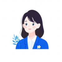 A cheerful young woman with dark hair, wearing a blue blazer and white shirt, smiling against a white isolate background with a decorative leaf element. png