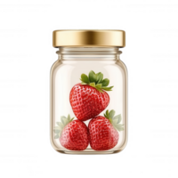 A clear glass jar filled with fresh, ripe strawberries, showcasing their vibrant red color and green leaves against a white isolated background. png
