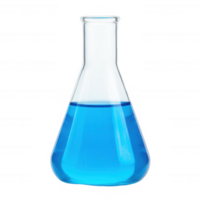 A clear glass laboratory flask filled with vibrant blue liquid, showcasing its shape and color with a white isolated background for emphasis. png
