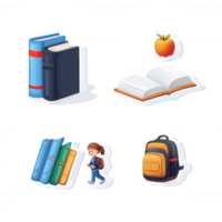 A collection of colorful educational icons including books, a student with a backpack, an open book, and a fresh apple, all set against a white isolated background. png
