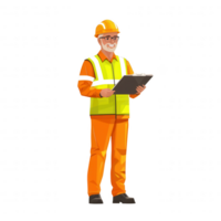 A construction worker in safety gear holding a clipboard. The character is smiling while reviewing plans, symbolizing safety and professionalism in the construction field. png
