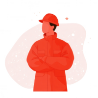 A confident construction worker in a bright red jacket and hard hat, standing with arms crossed against an abstract background. png