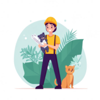 A construction worker holds a blueprint and a small animal, surrounded by greenery png