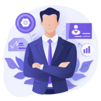 A confident businessman in a suit, standing with arms crossed, surrounded by digital elements symbolizing analytics and technology. Ideal for corporate themes. png