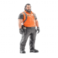 A confident man in an orange safety uniform stands with arms relaxed. His beard and strong physique are highlighted against a white isolated background. png