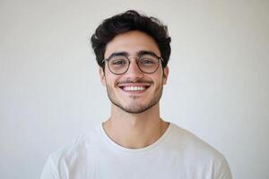 Smiling young man in a plain shirt against a neutral background photo
