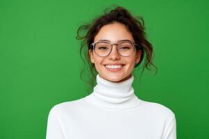 Smiling woman in white turtleneck against a vibrant green background photo