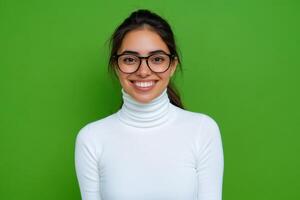 Portrait of a young woman wearing glasses and white turtle neck sweater on green background photo