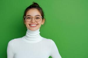 Portrait of smiling young woman wearing glasses and white turtle neck over green background photo