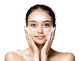 Beautiful young woman with face mask on white background photo