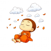A cute cartoon monk meditating with a serene expression, surrounded by clouds and falling leaves, capturing a sense of peace and tranquility. png