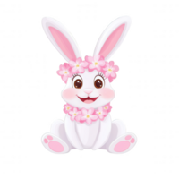 A cute cartoon rabbit adorned with pink flowers, sitting in a friendly pose with a cheerful expression, perfect for spring themes or children's designs. png
