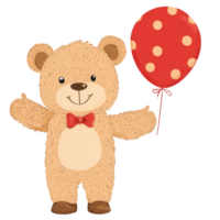 A cute cartoon teddy bear holding a red balloon with polka dots, perfect for children's parties or celebrations, showcasing joy and playfulness in a whimsical style. png