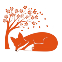 A cute orange fox sleeping peacefully under a flowering tree, surrounded by falling petals, on a white isolated background. png