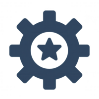 A dark blue gear icon featuring a star at its center, perfect for representing settings, tools, or mechanics. Ideal for use in digital projects and creative designs. png