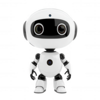 A cute, futuristic robot character with a sleek design and big expressive eyes, standing in a simple pose against a white isolated background. png