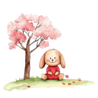 A cute illustrated bunny sitting under a pink flowering tree, surrounded by soft grass and petals, evoking a whimsical sense of joy and playfulness in a serene outdoor setting. png