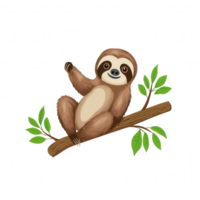 A cute sloth relaxing on a branch surrounded by green leaves, showcasing its charming and playful nature. png