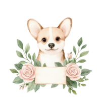 A cute corgi surrounded by floral elements, ideal for customizable cards or invitations, with a soft watercolor style against a white isolated background. png