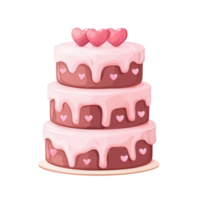 A delectable three-tiered cake with pink frosting, adorned with heart-shaped strawberries, perfect for celebrations and special occasions. png
