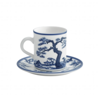 A delicate porcelain tea cup with intricate blue and white designs of a tree and landscape, resting on a matching saucer, highlighting traditional craftsmanship. png