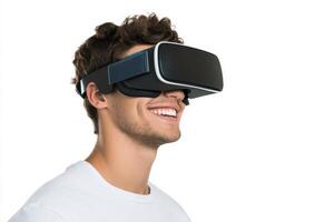 Young man enjoying virtual reality experience with headset on photo