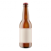 A detailed image of a brown beer bottle with a blank label against a white isolated background, perfect for customizing or adding branding. png