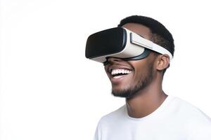 Smiling man wearing VR headset in studio, experiencing virtual reality gaming photo