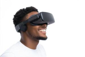 Happy man using VR headset, white background, technology photo