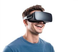 Young man smiling while using virtual reality headset in bright setting photo