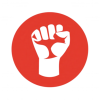 A graphic representation of a raised fist symbolizing solidarity and empowerment, set against a red circular background. png
