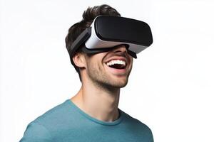 Man wearing VR goggles experiences immersive technology, laughter on white background photo