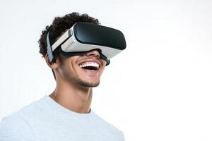 Man Experiencing Virtual Reality. Joyful expression in clean studio background photo