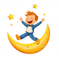 A joyful child jumping on a crescent moon surrounded by twinkling stars, evoking a sense of wonder and imagination, perfect for children's themes in illustrations. png