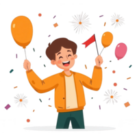A joyful child holding colorful balloons and a flag amidst confetti and fireworks, creating a festive atmosphere. Perfect for celebrations and cheerful themes. png